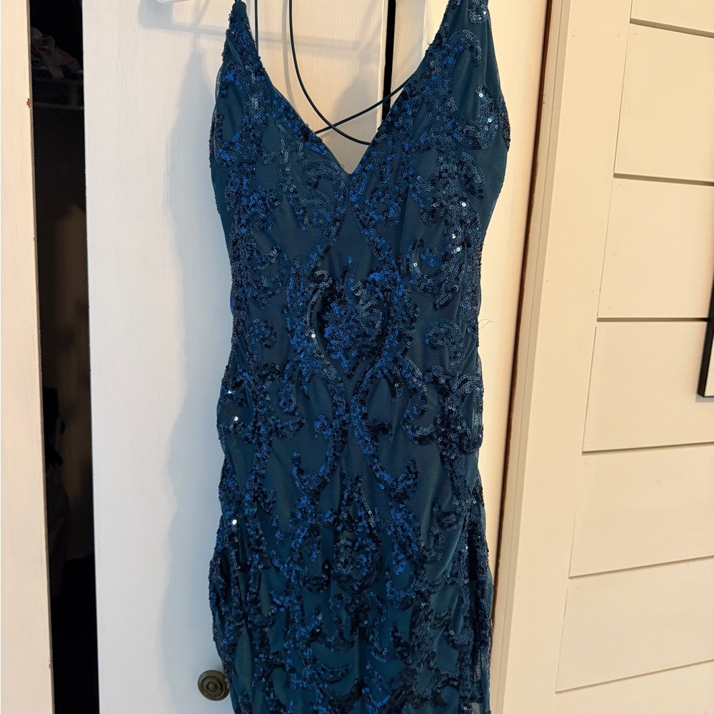 Windsor Teal Blue Beaded Backless Dress